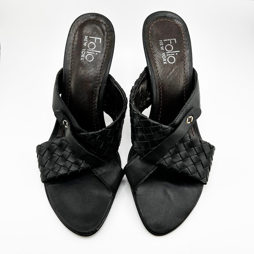 Folio New York | Leather Open Toe Cross Over Slides | Black | Women's 7.5